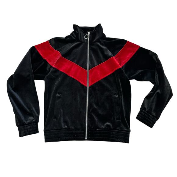 Forever 21 Velour Chevron Zip Up Track Jacket Black and Red Women’s Size Small - Picture 1 of 6